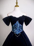 Navy Blue Velvet Off Shoulder Floor Length Party Dress, Navy Blue Lace Long Prom Dress